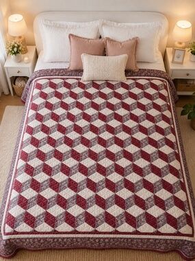 Vintage Handmade Patchwork Quilt Burgundy Floral Queen Size Cottagecore Blanket
